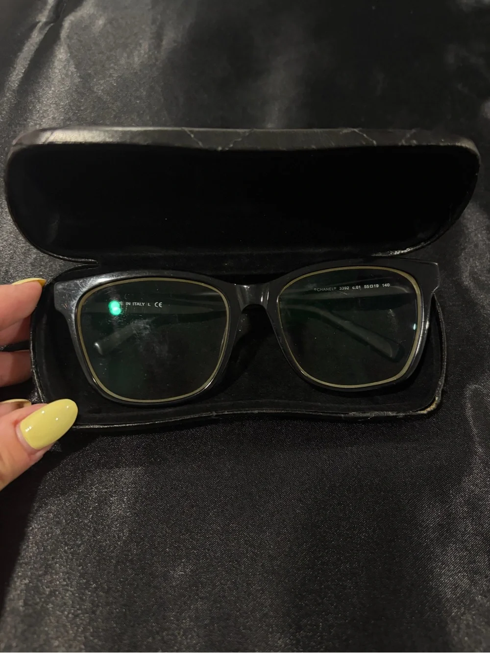 CHANEL Black Quilted Leather Glasses with Silver CC Emblem
